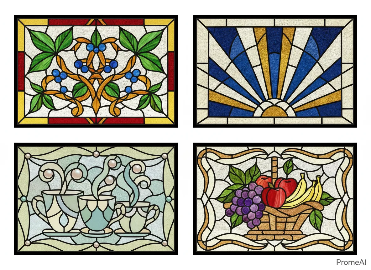 Ein Raster, das vier verschiedene Buntglasmuster für eine Küchenschranktür zeigt, alle von PromeAI generiert.
