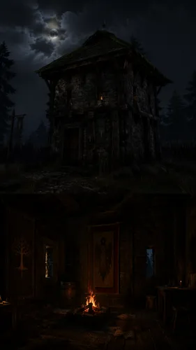 A night scene of a low stone tower with reinforced beams and a moss-covered green roof. Small observation slits are set into the stone walls. The interior features somber tapestries and a faint glow f
