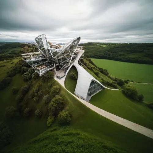 futuristic art museum,ski jump,futuristic architecture,radio telescope,helix,steel sculpture,autostadt wolfsburg,alien ship,buzludzha,falkirk wheel,vinci,futuristic landscape,angel of the north,concre