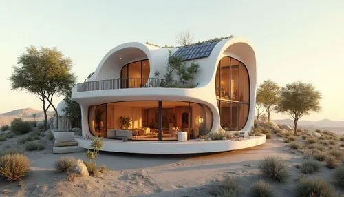 A model of a multi-story house Solar  Plans  a green roof, featuring solar panels and numerous plants on the exterior walls. The interior is visible through large windows, showing furnished rooms with