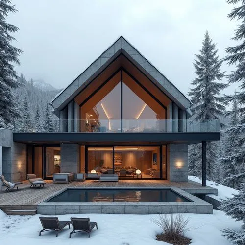 A hyper-realistic, high-resolution architectural photograph of a luxurious, alpine-style modern villa nestled in a mountainous landscape. The home features a prominent A-frame roof and is constructed