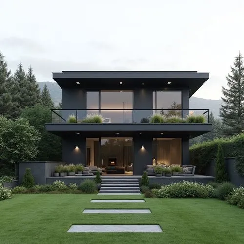 A sleek, contemporary two-story home composed of clean, geometric lines and a sophisticated monochromatic palette of charcoal, graphite, and soft gray. The façade features large windows framed by slim