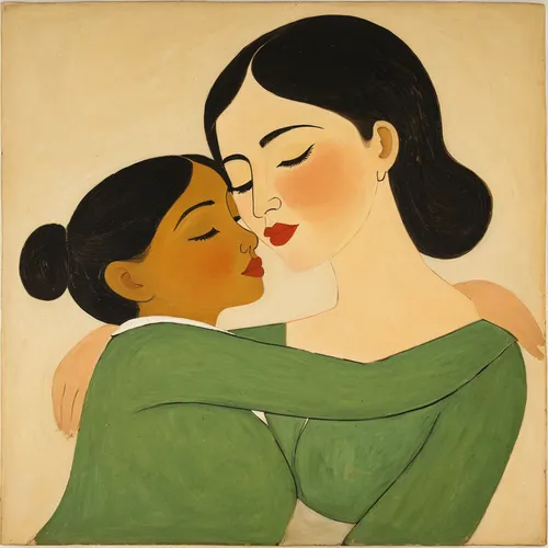 A 7 year old girl giving her mother a kiss on the cheek.
Green and relaxing landscape.,black couple,mother kiss,young couple,amorous,mother with child,mother and child,girl kiss,olle gill,kissel,lover