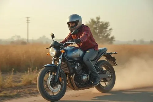 Honda NC750x, production year 2023, Mat Jeans Blue Metallic color, rides along a dusty road between fields. Driver is a slim european 35-years-old man with black hair and short beard, he wear a open m