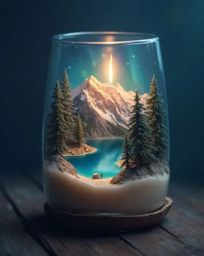 A glowing candle with a tiny mountain scene inside, featuring a crystal-clear lake, snow-capped peaks, and glowing aurora in the sky, peaceful and magical, hyper-realistic,the inside of a glass with t