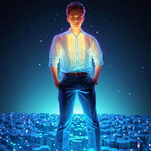 stand gentlement ,man in a space suit is standing in the middle of a maze,hologram,sci fiction illustration,holograms,blue light,cube background,electroluminescent,digital art,iceman,digital artwork,s