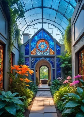 this archway is decorated with glass and plants,conservatory,winter garden,aquarium,glasshouse,greenhouse,garden of plants,botanical gardens,flower dome,aquariums,orangery,botanical garden,tunnel of p