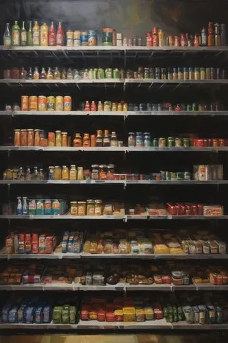 loose, smudged , dark, and abstract painting of supermarket shelves filled with modern food packaging of today,boetti,paints,watercolor shops,supermarket shelf,apothecary,acrylic paints,paint cans,car