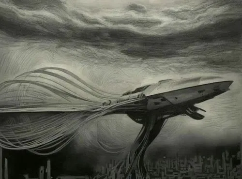 surrealism,airship,giant fish,sci fiction illustration,pencil art,bathysphere,alien ship,deep sea nautilus,tornado,airships,underwater fish,barracuda,charcoal drawing,turbulence,undercurrents,god of t