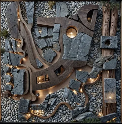 a wood and stone sculpture that is surrounded by lights,garden sculpture,sculpture park,steel sculpture,garden decoration,scrap sculpture,climbing garden,garden decor,stone garden,rock-climbing equipm