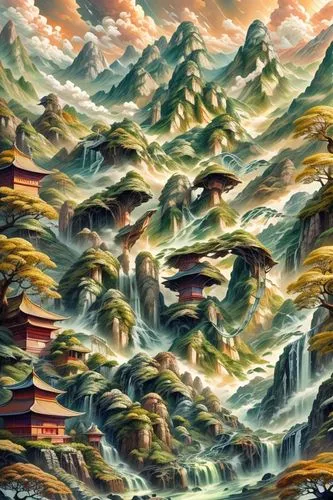 japanese waves,chinese clouds,mountainous landscape,japanese mountains,mountain scene,mountain landscape,japanese wave,himalaya,tsunami,mountain village,the landscape of the mountains,yellow mountains