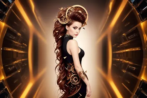 Футуристический фон,a woman wearing gold is standing in a tunnel,hairpiece,hairpieces,art deco woman,art deco background,spiral background,hairdressing salon,gorgon,golden wreath,headpiece,crown rende