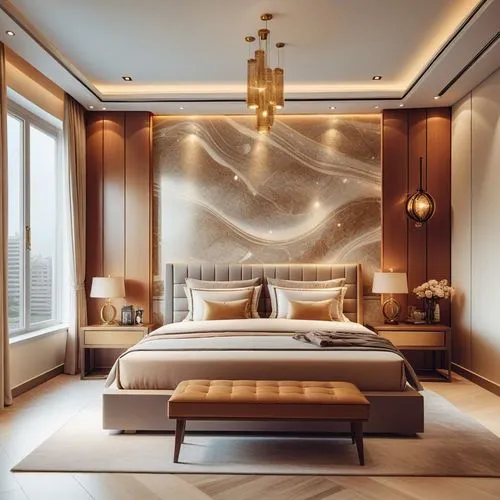 a luxurious bedroom with gold accents, pillows and a marble - patterned headboard,fromental,gold wall,jumeirah,piramal,donghia,mouawad