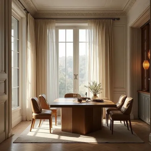  interior designNeoclassical dining room interior with elegant and symmetrical composition. The space features classic architectural details such as wall moldings, decorative panels, and subtle orname