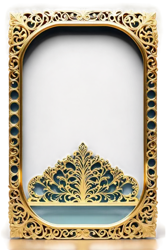 Thick glass, transparent, rounded edges, reflection on surface, luxurious, ornate frame, golden metal material, intricate carvings, soft warm lighting, close-up shot, shallow depth of field, high-end 