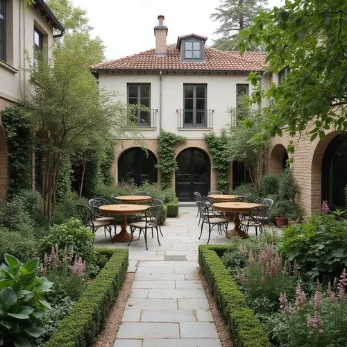 The 500 square meter garden is divided into several functional areas, including an outdoor kitchen, a casual dining area, a pizza stove area and a static water area, surrounded by plants and flowers i