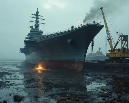 一艘正在充滿油汙,雜亂的軍港等待拆卸的航空母艦,碼頭有焊接工人在焊接,the ship is anchored while the crew prepares to move in,severomorsk,shipbreaking,kuznetsov,shipbreakers,fpso,heerema