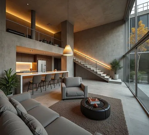 Design of a loft with a modern and minimalist style. The design features a double-height area with large floor-to-ceiling windows that allow abundant natural light to fill the space. It includes a sta