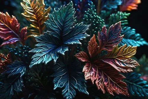 Intricate matrix ornaments 🌊✨, 8K 📺, HD 🌟, high render 🎨.,a close up view of colorful leaves on a plant,colorful leaves,colored leaves,glitter leaves,embroidered leaves,pinecones,watercolor leaves