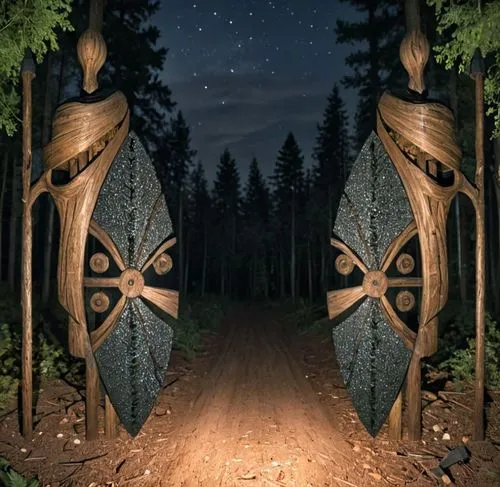 an image of two gates that lead into the forest,totems,totem,wooden path,the mystical path,tribal arrows,forest path,tribes,pathway,wood angels,shamanism,tribal masks,tipi,the path,druids,wooden bridg