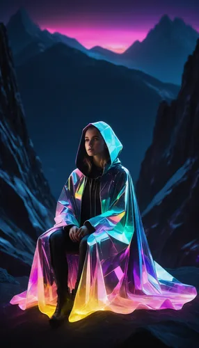 wide angle full body shot of a european girl, sitting, in futuristic aura quartz oversized airy cloak, neon colors, inside glowing and sparkling, mountains, black background, sculptural costumes, phot