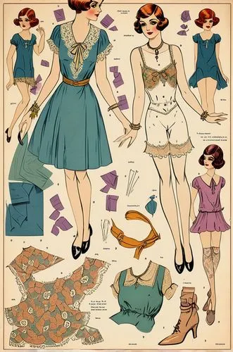 Vintage Paper dolls 1920s women in  shirt,  lace  french knickers with  shoe standing with a set of elegant 1920s dress full color colorful 1920s fashion 1920s clothing,vintage paper doll,retro paper 