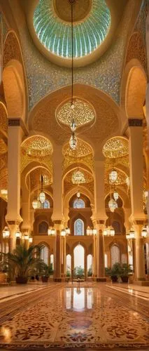 Middle Eastern architectural design, grand mosque, intricate Islamic patterns, ornate arches, majestic domes, minarets, golden accents, lavish furnishings, luxurious carpets, marble floors, grand chan