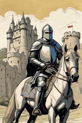A cinematic drawing of a medieval knight on horseback with a castle in the background ,middle ages,the middle ages,crusader,knight tent,castleguard,camelot,medieval,knight armor,jousting,knight,armore