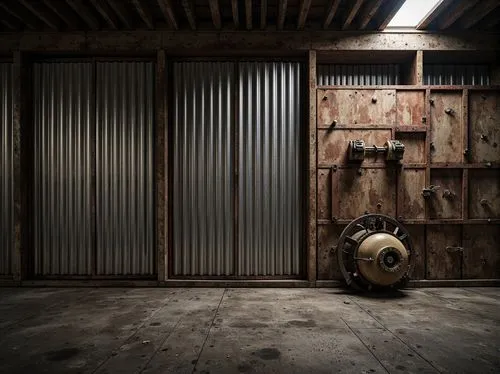 Rustic industrial setting, corrugated metal walls, weathered steel surfaces, distressed finishes, metallic sheen, rough textures, bolted joints, mechanical details, urban decay, abandoned factories, w