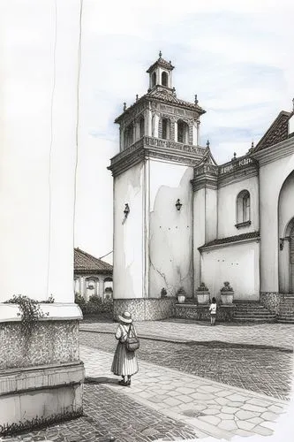 a drawing of the courtyard of an old building,tiradentes,estremoz,chalma,atlixco,the church of the mercede,convento,esquipulas,cuicuilco,monasterio,zona colonial,chimaltenango,sancristobal,popayan,tep