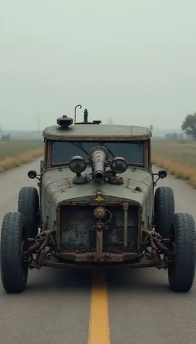 muscle car with canon, matt color,a very old truck sits parked in front of some grass,rat rod,roadworthy,mad max,jalopy,road cruiser,open hunting car,veteran car,old vehicle,the vehicle,vintage vehicl