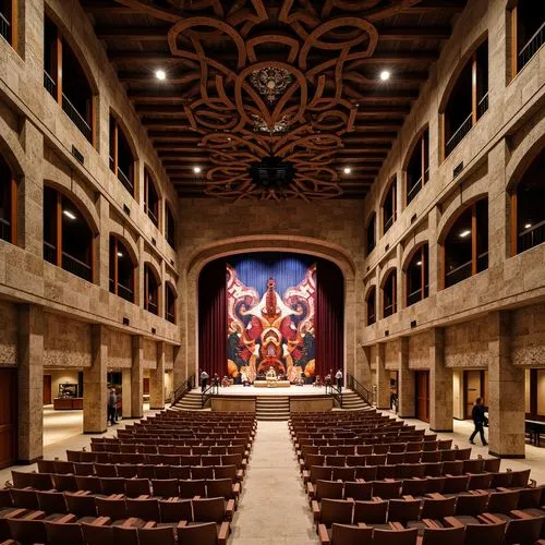 Rustic performing arts center, earthy tones, natural stone fa\u00e7ade, wooden accents, sloping roofs, ornate carvings, traditional motifs, grand entrance, arched windows, intricate stonework, vibrant