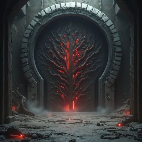 KAI (Scene: Entrance to the Inner Sanctum)
Background/Setting:
Le fond montre une grande porte biomécanique, massive et imposante. La porte est faite d’un métal organique, mais avec des veines visible