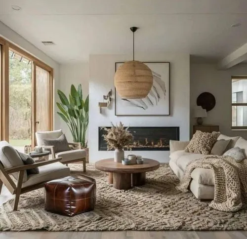 brown leather ottoman,a living room with large windows, two couches and a fireplace,mid century modern,family room,living room,modern living room,contemporary decor,interior modern design