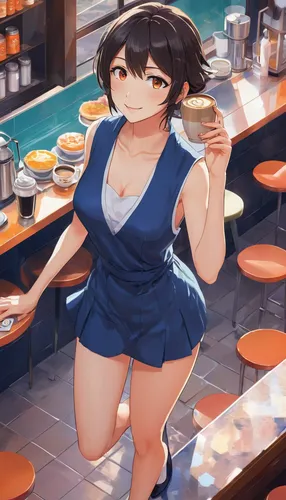 By Yves Di, a beautiful androgynous, satin slip dress, beautiful face, beautiful legs, light orange eyes, very happy face, full body, colorful colors, detailed background beautiful, coffee shop, waitr