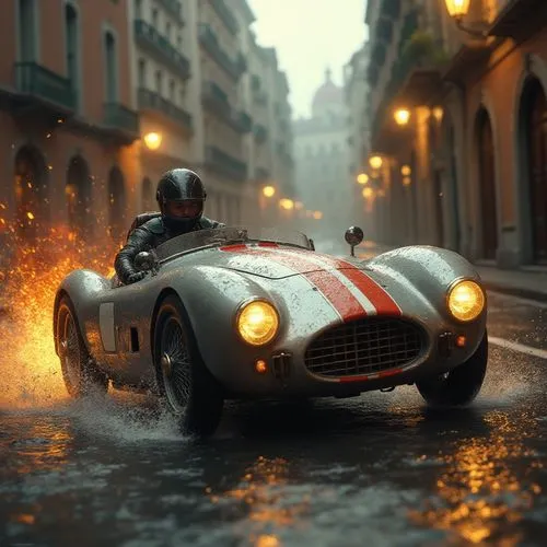 A dynamic, photorealistic digital illustration or CGI render of a vintage, mid-20th-century open-top race car, such as an Aston Martin or Maserati, speeding through a wet, narrow urban street in a Eur