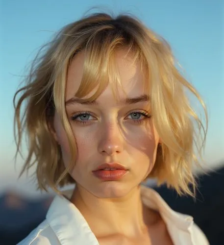 a portrait of a beautiful young woman aged 22 with short blonde hair and blue eyes, she winks with her eye and purses her mouth a little, the young woman wearing a white blouse. The background is a