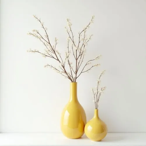 delicate elegant decorative branches ,on white wall,frontview, simple elegant   yellow vase
,a couple of vases that have some plants in them,quince decorative,yellow ball plant,flower vases,currant de