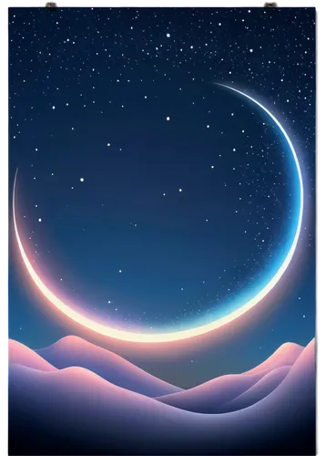 Dark blue night sky, starry, crescent moon, subtle gradient, nebula, galaxy, 3D realistic, high-definition, panoramic view, cinematic composition, soft glowing stars, misty atmosphere, dreamy, mysteri