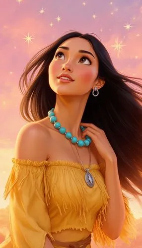"Beautiful Pocahontas, young Native American woman with long flowing jet-black hair blowing in the wind, warm tan skin, large expressive brown eyes, looking up with hopeful and emotional expression, w