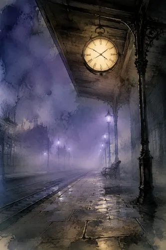 Atmospheric French sci-fi comic illustration of a foggy night train platform, framed with a subtle Dutch tilt. Filigree ink lines and soft watercolor washes render a wooden canopy topped with a lumino