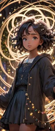 An ethereal, high-resolution digital illustration of a girl's face and body displayed in a circular manner. The subject's eyes are totally a symphony of her skin and hair. The illustration is a carefu