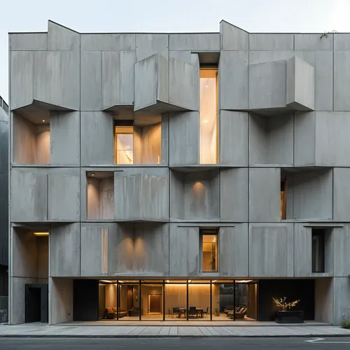 A design that plays with light and shadow through the use of segmented panels and deep recesses,the building has an unusual structure made out of concrete blocks,breuer,hejduk,corbu,lasdun,seidler,bru