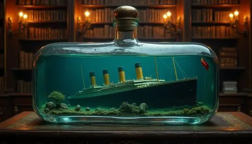 A 17th century English study, richly decorated with dark wood furniture, brass accents and shelves filled with old books. A regular sized rectangular glass bottle of vodka lies horizontally on an orna