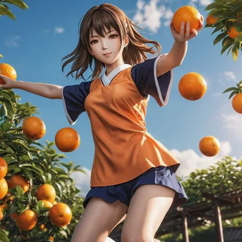 flying anime character,japanese style,girl,oranges,the girl is holding an orange as she walks under a tree,citrus,oranges,tangerines,mikan,vitamin c,mandarin oranges,Photography,General,Realistic