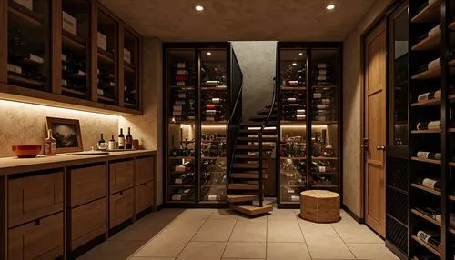 Compact wine cellar, rustic wooden crates, glass-enclosed wine storage, modern minimalist shelving, sleek metal wine racks, spiral staircase, dimly lit ambiance, rich wood tones, earthy color palette,