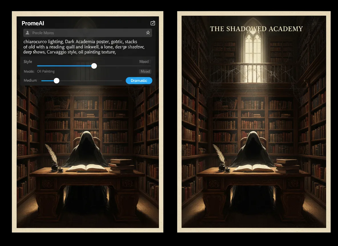 Una vista divisa dell'interfaccia di PromeAI che mostra un prompt di testo per 'illuminazione a chiaroscuro' accanto al poster Dark Academia risultante con ombre drammatiche.