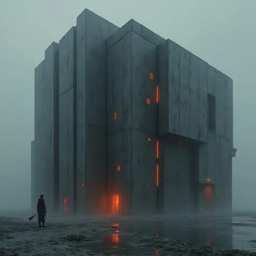 a person walking in front of a building with a neon light on it,monolithic,cubic house,monolith,lair,cube stilt houses,cube house,sulaco,unbuilt,monoliths,brutalism,zalapski,ruin,citadel,snohetta,mirr