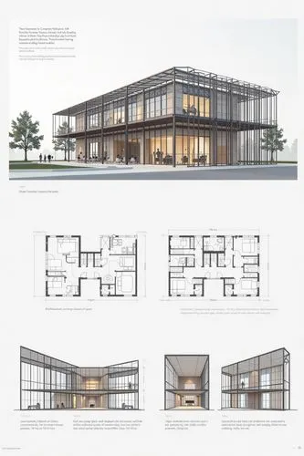 A professional architectural presentation board with a Pure background and a clean, minimalist design layout. The board includes:

Top Section: On the top left, a photorealistic render of a contempora