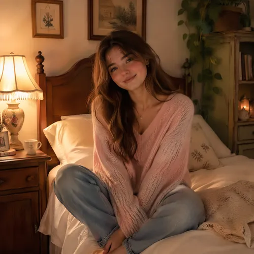 a charming young lady with soft, flowing hair sitting on a wooden bed with white bedding, wearing a cozy, pastel-colored sweater and jeans, looking serene and relaxed, bathed in warm light from a beds